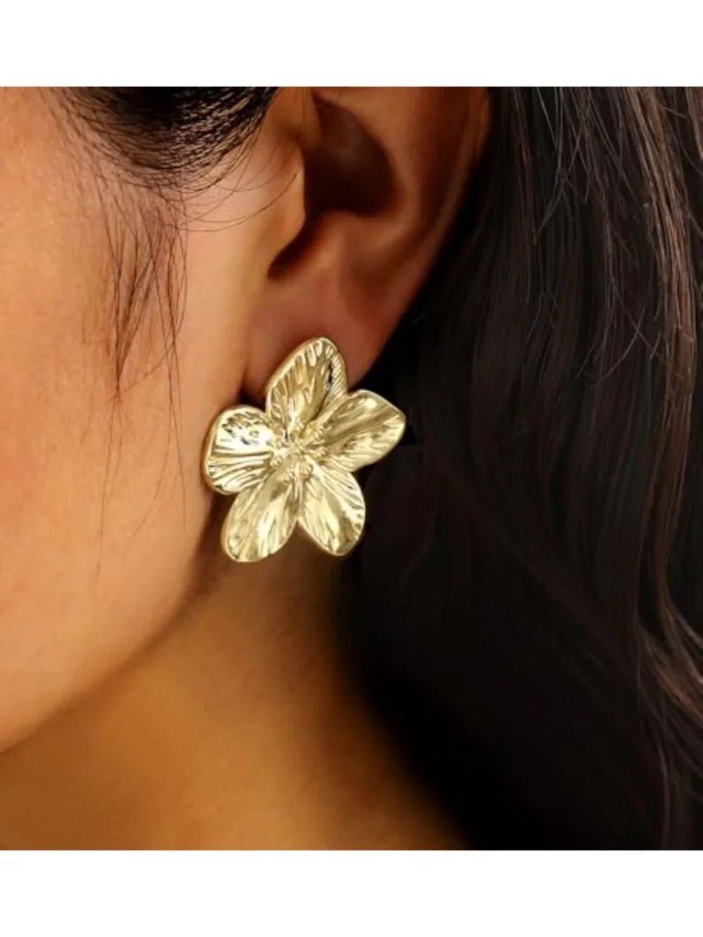 Chunky Gold Leaf Flower Dangle Earrings, Hypoallergenic Metal Statement Jewelry